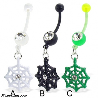 Bioplast belly button ring with dangling web, infected belly button, belly button peircing, belly ring outlet, belly button piercing and intestine injuries, nipple rings non-piercing