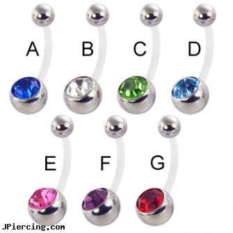 Bioplast jeweled belly button ring with steel balls, jeweled navel slave rings, jeweled belly rings, gold jeweled labret ring, pink heart belly ring, initial belly button piercing ring