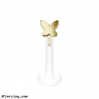 Bioplast labret stud with 14K gold butterfly top, 16 ga, labret piercing safety, labret peircing jewlery, hypoallergenic labrets, piercing studio amsterdam, nose studs