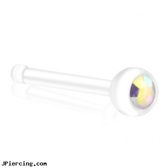 Bioplast Nose Bone with AB Gem, 20 GA, diamond gold nose stud nose ring, picture of bull with ring in nose, nose stud retainer, wholesale body jewelry horn and bone, jewelry supplies and nose bones