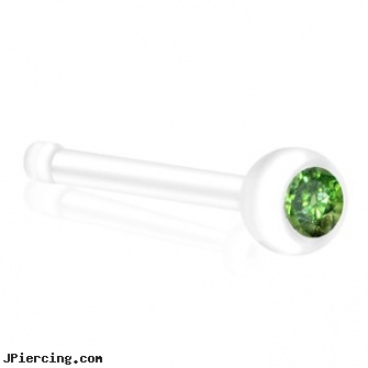 Bioplast Nose Bone with Peridot Gem, 20 GA, clear nose rings, 20 gauge nose rings, bull nose rings, body jewelry tapered nose bones, wholesale body jewelry bone and marrow