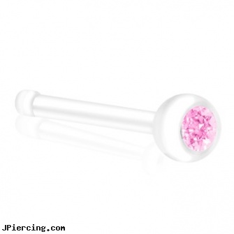 Bioplast Nose Bone with Pink Gem, 20 GA, large nose ring, nose body piercing, replacement rings for nose jewelry, wholesale body jewelry bone and marrow, jewelry supplies and nose bones