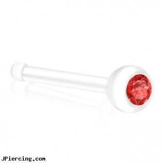 Bioplast Nose Bone with Red Gem, 20 GA, nosebleed and nose piercing, indian nose piercing stud, nose jewelry from india, jewelry supplies and nose bones, body jewelry curved nose bones