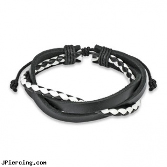 Black & White Leather Bracelet With 3 Entangled Layer, black and blue titainum tongue rings, black market body jewelry, black penis piercing, 14 kt white gold belly button rings, white pride tongue ring