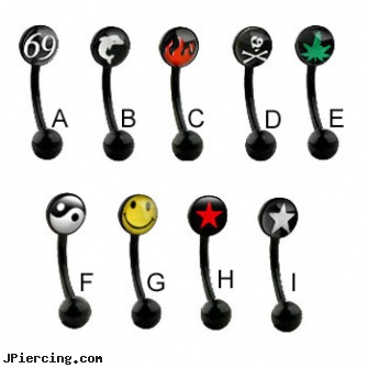 Black bio-flex eyebrow barbell with top logo ball, 16 ga, labret jewelry black, black whole body piercing, black titanium labret, flexible tongue rings, flexible belly rings