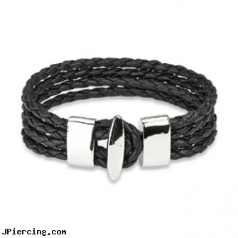 Black Braided Leather 4 Strings Bracelet, 10 gauge black nipple ring, black studs, labret retainer without black dot, double braided nipple ring, braided non piercing nipple jewelery