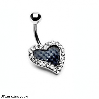 Black carbon fiber jeweled heart navel ring, 10 gauge black nipple ring, black and blue titainum tongue rings, black hole body piercing, carbon fiber nipple rings, gold jeweled labret ring