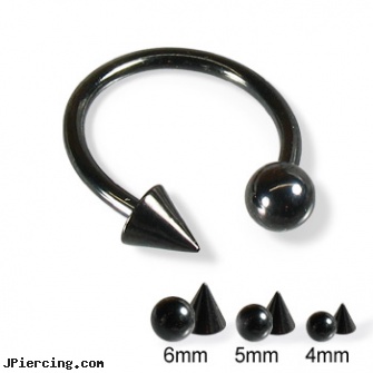 Black circular barbell with ball and cone, 14 ga, black titanium labret, black cat tattoo and body peircing, black line titanium body jewelry jewelry nipple, nipple rings non piercing circular slip on, circular barbell body jewelery