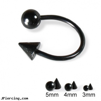 Black circular barbell with ball and cone, 16 ga, black female genital piercings, black titanium labret, black and blue titainum tongue rings, circular barbell, nipple rings non piercing circular slip on