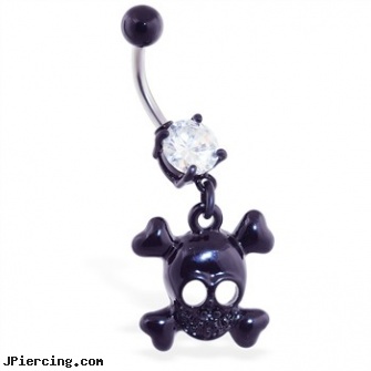 Black coated belly ring with dangling skull, black onyx navel ring, black pussy photos, black studs, belly button piercing pictures, heart shaped belly button ring