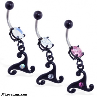 Black coated belly ring with swirly jeweled dangle, black onyx navel ring, black hole body peircing, labret retainer without black dot, belly button piercing faq, letter belly button rings