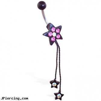 Black coated jeweled star navel ring with dangling stars on chains, black line, blackhole body piercing, black cat tattoo and body peircing, jeweled navel slave rings, 18g jeweled labrets