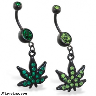 Black coated navel ring with dangling jeweled green pot leaf, piercing jewelry black, black labret, black clitoris, picture of navel piercings, bad navel piercings pictures