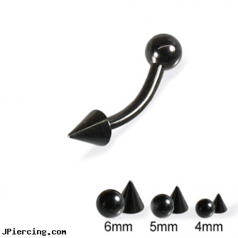 Black curved barbell with ball and cone, 14 ga, black onyx ball stud, black penis piercing, black hole body piercing, labret curved spike, piercings 6mm curved barbell