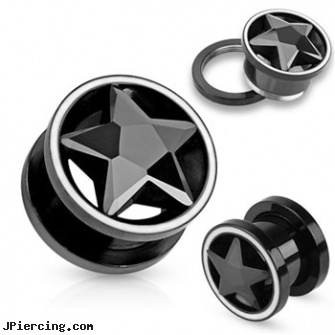 Black CZ Star Inside Of Black Screw Fit Tunnels with White Rim, jack black lord of the cock rings video spoof, labret jewelry black, black body jewelry, starting body piercing business, navel ring starter twister wholesale