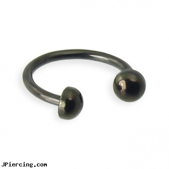 Black half ball circular barbell, 14 ga, labret retainer without black dot, black and blue titainum tongue rings, black female genital piercings, curved earrings screw balls, cock and ball testicle piercing torture