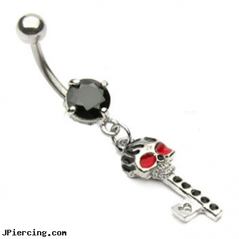 Black jeweled belly ring with dangling skull key, black and blue titainum tongue rings, black hole body piercing, 10 gauge black nipple ring, 18g jeweled labrets, jeweled belly rings