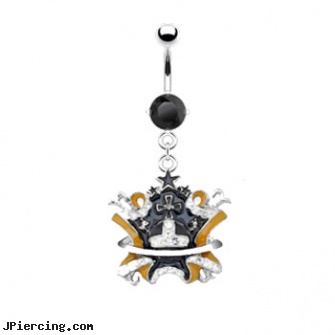 Black jeweled navel ring with dangling black and yellow enameled crown, black whole body piercing, piercing jewelry black, black female genital piercings, jeweled navel slave rings, jeweled labrets
