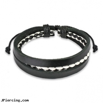 Black Leather Bracelet With Black & White 2 Tone Braided Center, black onyx ball stud, black market body jewelry, black cat tattoo and body peircing, leather or rawhide cock rings, leather body jewellery