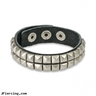 Black Leather Bracelet with Double Row Pyramid Studs, black body jewelry, black whole body piercing, labret jewelry black, leather or rawhide cock rings, leather body jewellery