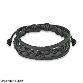 Black Leather Bracelet With Double Strings Weaved Center, jewelry black studs, labret jewelry black, black studs, leather body jewellery, leather or rawhide cock rings