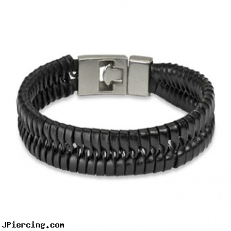 Black Leather Bracelet With Locking Braided Scale Design, piercing jewelry black, black studs, black pussy photos, leather or rawhide cock rings, leather cock rings