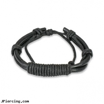 Black Leather Bracelet With Long Shocker Tie Knots, black body piercing jewelery, black clit, black cat tattoo and body peircing, leather body jewellery, leather or rawhide cock rings