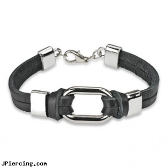 Black Leather Bracelet With Steel Link Center Accent, black penis piercing pic, black clitoris, black penis piercing, leather body jewellery, leather cock rings