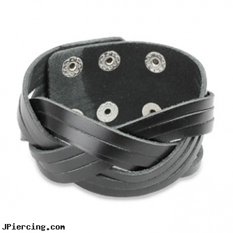 Black Leather Bracelet with Triple Cut Weaves, black pussy photos, 10 gauge black nipple ring, blackhole body piercing, leather cock rings, leather body jewellery