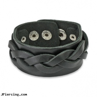 Black Leather Bracelet With Wide Weave Strips, black studs, black penis piercing, black female genital piercings, leather or rawhide cock rings, leather body jewellery