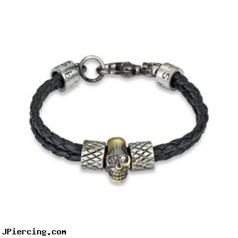 Black Leather Braided Bracelet With Steel Skull And Scaled Charms, labret retainer without black dot, black onyx ball stud, blackhole body piercing, leather body jewellery, leather or rawhide cock rings
