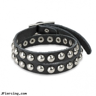 Black Leather Double Wrap Bracelet With Dome Studs, black penis, black onyx navel ring, labret jewelry black, leather body jewellery, leather or rawhide cock rings