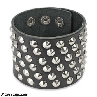 Black Leather Extra Wide Bracelet With 60 Small Steel Cone Studs, 10 gauge black nipple ring, labret jewelry black, blackhole body piercing, leather cock rings, leather or rawhide cock rings