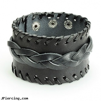 Black Leather Wide Weaved Bracelet With Adjustable Snap Closure, black body piercing jewelery, black penis, piercing jewelry black, leather cock rings, leather body jewellery