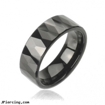 Black multi-faced prism tungsten carbine ring, blackhole body piercing, black market body jewelry, black penis piercing pic, multiple piercing navel rings, multiple ear piercing