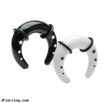Black or White acrylic pinchers with stars and two o-rings, black clitoris, black penis piercing, black studs, white gold belly rings, nose screw white gold