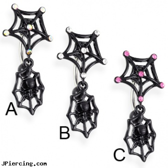 Black reversed web belly ring with dangling spider on web, black line titanium body jewelry jewelry nipple, black cat tattoo and body peircing, black labret, reversed celtic navel ring, reversed navel piercing gallery