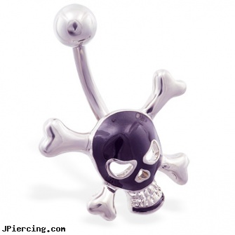 Black skull belly ring with crossbones, black clitoris, black penis piercing, black female genital piercings, punisher skull labret jewellery, skull labrets