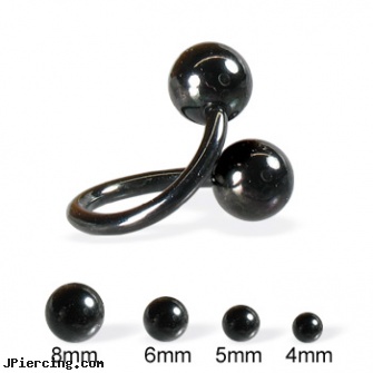 Black spiral barbell with balls, 14 ga, black body jewelry, black onyx ball stud, black labret, spiral piercing, spiral navel ring