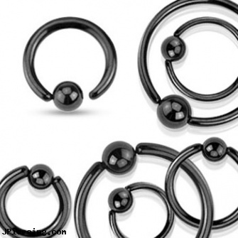 Black stainless steel captive bead ring with one sided fixed ball, 16 ga, black female genital piercings, black onyx navel ring, black hole body piercing, stainless steel belly rings, buy stainless steel lip ring