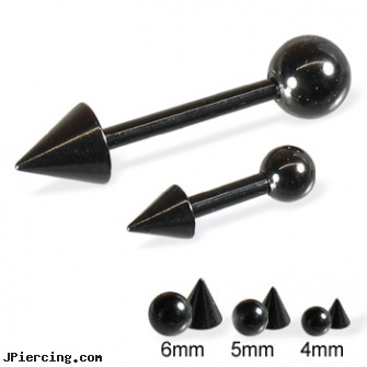 Black straight barbell with ball and cone, 14 ga, labret retainer without black dot, black studs, black body jewelry, straight nose stud, internally threaded straight barbells