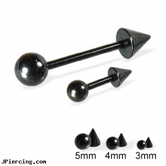 Black straight barbell with ball and cone, 16 ga, black cat tattoo and body peircing, black cock, black titanium labret, straight pin nose rings, internally threaded straight barbells