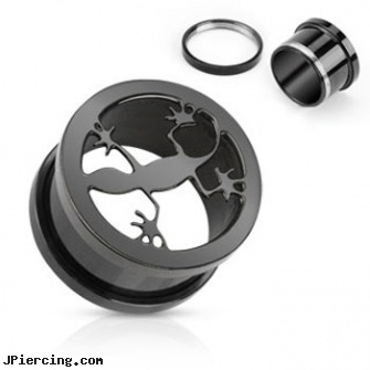 Black Titanium Anodized Screw-Fit Tunnel with Gecko, black and blue titainum tongue rings, black cock, black titanium labret, titanium body jewelry, titanium slave navel jewelry