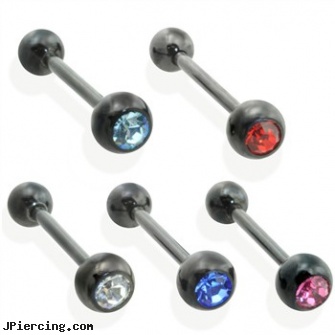 Black titanium anodized straight barbell with one jeweled ball, 14 ga, black onyx navel ring, labret jewelry black, black penis piercing pic, titanium slave navel jewelry, navel piercing barbell titanium