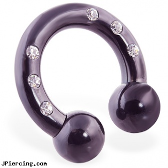 Black titanium circular (horseshoe) barbell with CZ gems, 4 ga, labret retainer without black dot, piercing jewelry black, black penis piercing pic, titanium and body and jewelry, cheerleader belly rings titanium or sterling silver