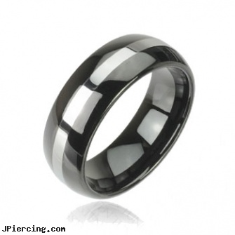 Black tungsten carbine ring with polished center stripe, 10 gauge black nipple ring, black market body jewelry, black penis piercing, christina aguilera nipple ring, suck on nipple rings