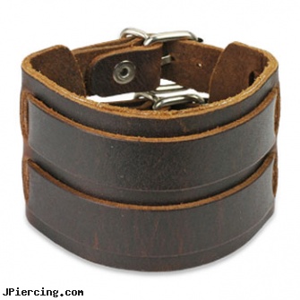 Brown Leather Bracelet With Double Strap Belt Buckle, brown penis ring, brown ring on penis, brown ring around penis, leather cock rings, leather or rawhide cock rings