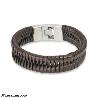 Brown Leather Bracelet With Locking Braided Scale Design, brown penis ring, brown ring on penis, brown ring around penis, leather cock rings, leather or rawhide cock rings