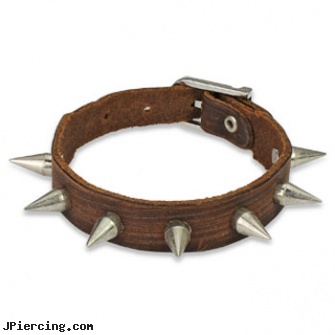Brown Leather Bracelet With Multi Steel Spikes, brown penis ring, brown ring on penis, brown ring around penis, leather body jewellery, leather or rawhide cock rings