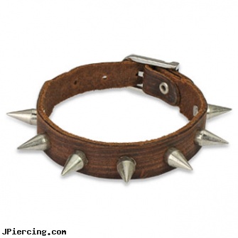 Brown Leather Bracelet With Multi Steel Spikes, brown penis ring, brown ring on penis, brown ring around penis, leather body jewellery, leather or rawhide cock rings